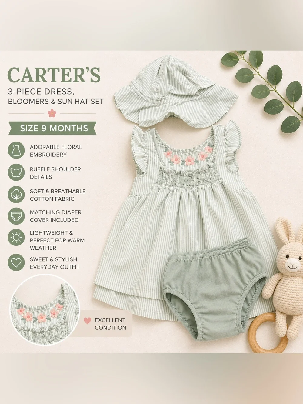Carter’s 3-Piece Floral Seersucker Dress Set with Sun Hat & Bloomers | Size 9M